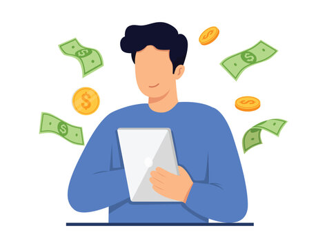 Isolated man holding tablet making money online with falling banknotes and gold coins flat vector illustration on transparent background.