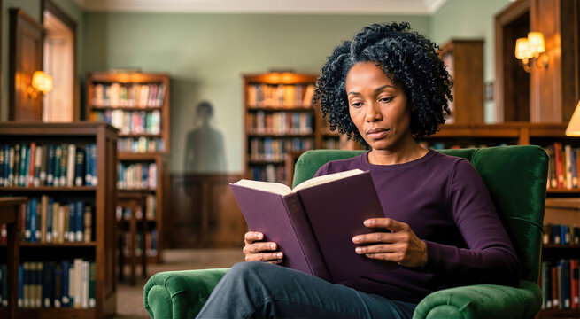 Woman with curly hair reading purple hardcover book in green velvet armchair inside traditional library with faint ghost silhouette behind. Spooky mystery novel and halloween reading concept
