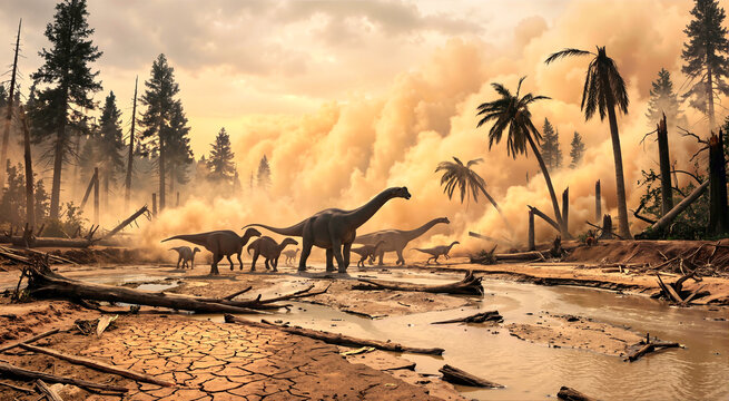 Dinosaurs fleeing a prehistoric disaster across a cracked riverbed. Herd of sauropods running from a massive dust storm