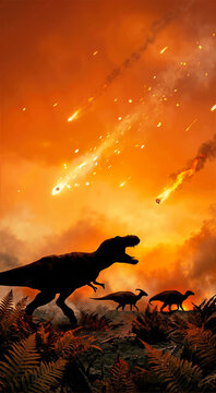 Vertical silhouette of roaring Tyrannosaurus Rex. Prehistoric asteroid impact under a blazing orange sky