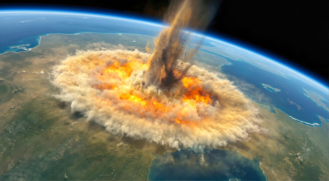 High altitude view of a massive asteroid impacting Earth. Prehistoric cataclysmic event with expanding orange fire and dust plume. Global extinction concept
