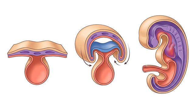 3D medical illustration showing human embryo development stages and embryonic folding process with anatomy model 3D render healthcare education medical science human body system germ layers