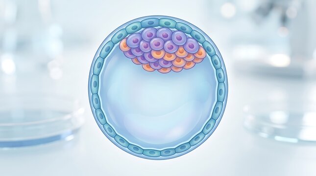 3D render medical icon of human blastocyst embryo cell floating in laboratory scientific environment with biology research microscopic graphic floating laboratory fertility concept medicine