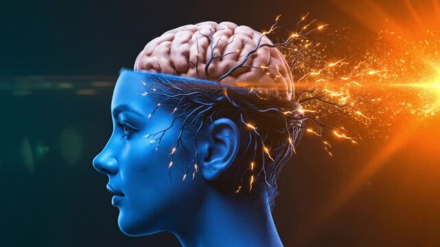 A glowing orange brain with electrical sparks inside a blue human head offers a perfect concept for artificial intelligence and innovative learning