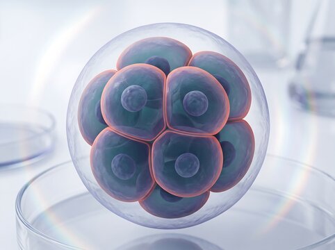 3D render illustration of a human morula embryo stage cell division in a laboratory petri dish with cell biology stem cell assisted reproduction division development illustration laboratory