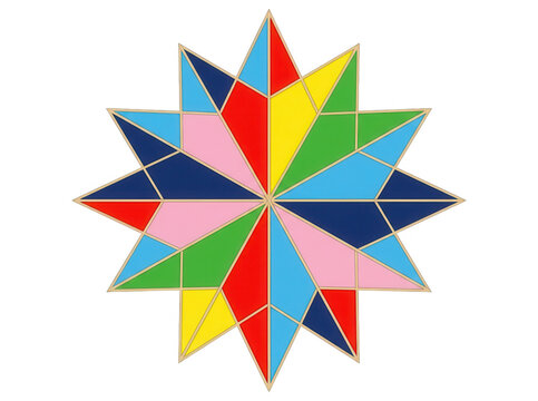 Ein geometrischer zw&ouml;lfzackiger Stern mit bunten, flachen Farbfl&auml;chen in Rot, Blau, Gelb, Gr&uuml;n und Rosa, der auf einem wei&szlig;en Hintergrund isoliert ist und ein modernes, abstraktes Design darstellt.