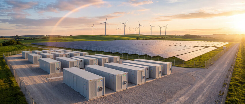 Battery storage facility beside solar panels and wind turbines on green hills during golden hour, providing renewable power grid infrastructure for clean sustainable energy