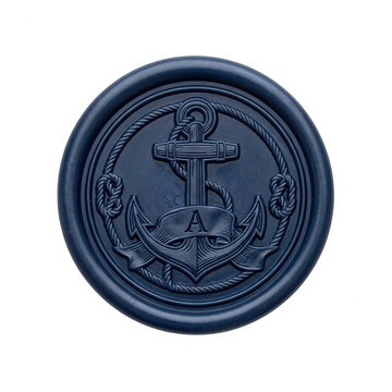 Sello de cera azul marino con un dise&ntilde;o de ancla n&aacute;utica en relieve y la letra A en una cinta, sobre un fondo blanco aislado, ideal para papeler&iacute;a elegante, branding mar&iacute;timo o invitaciones tem&aacute;ticas.