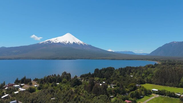 Aerial view of Llanquihue Lake and Osorno Volcano in Ensenada