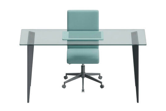 Escritorio moderno con superficie de vidrio transparente y patas de metal oscuro, acompa&ntilde;ado por una silla de oficina ergon&oacute;mica de color verde azulado sobre ruedas, aislado en un fondo blanco puro.