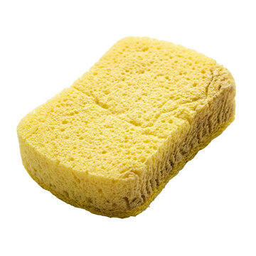 Esponja de limpieza amarilla rectangular con textura porosa, ideal para tareas dom&eacute;sticas, lavado de vajilla, mantenimiento del hogar y limpieza profunda, aislada sobre un fondo blanco puro.