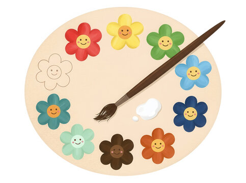 Ilustraci&oacute;n vectorial de una paleta de pintor redonda con flores coloridas y sonrientes, un pincel de madera y una mancha de pintura blanca, ideal para dise&ntilde;o infantil, educaci&oacute;n art&iacute;stica y