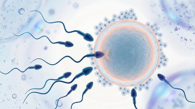 Multiple spermatozoa swimming towards a mature human egg cell during fertilization with medical illustration human reproduction science education spermatozoa fertilization reproduction fertility