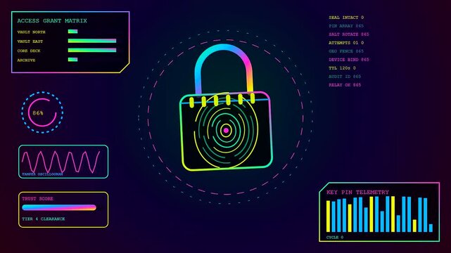 A digital padlock showing biometric verification as data panels animate and flicker across the screen to reveal an evolving sequence of cyber security access control processes
