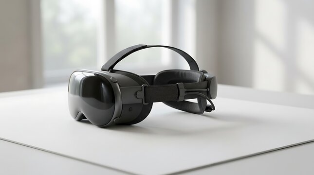 Futuristic Virtual Reality Headset Resting on White Table