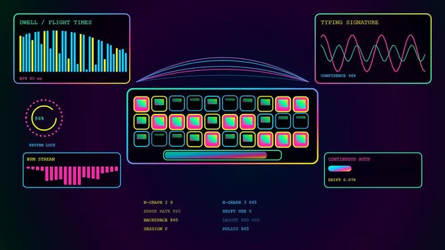 Digital biometric verification interface showing multiple keyboard typing analysis graphs with glowing neon lines on a dark purple screen display for advanced user activity tracking monitoring
