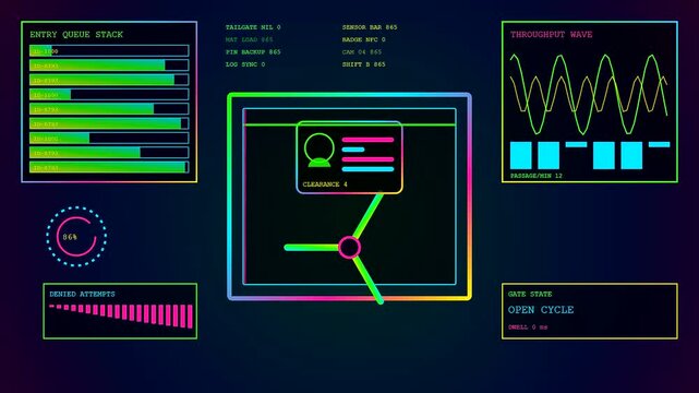 Digital biometric verification interface displays moving graphs and identification cards within a multi panel monitor array showing system status updates for secure access and data processing