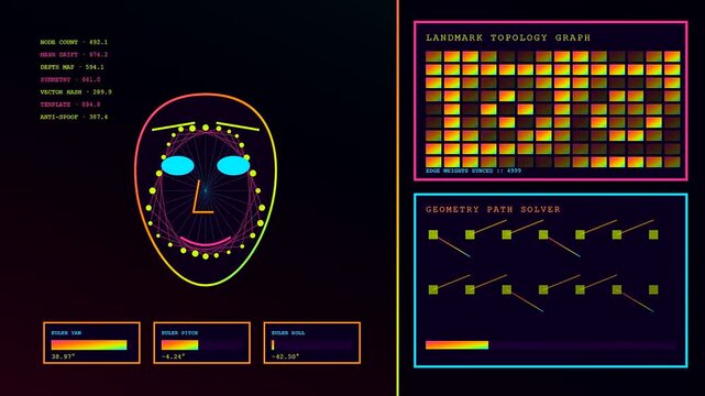 Biometric verification interface displaying digital face mesh topology with animated data grids and geometry path solver metrics in a flickering ultraviolet and deep black environment