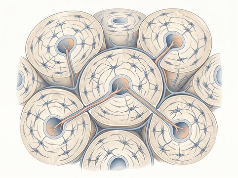Medical illustration of human bone tissue structure showing osteons and haversian systems with haversian skeleton skeletal orthopedic structure microscopic cellular cortical physiology