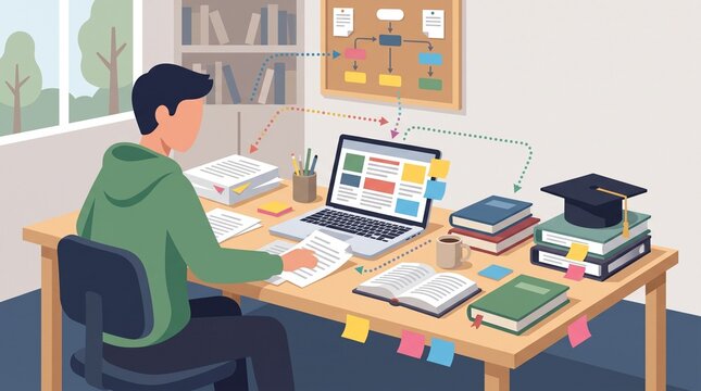 Laptop with thesis documents, reference books and research notes, representing university academic projects, dissertation writing, research planning and graduation.
