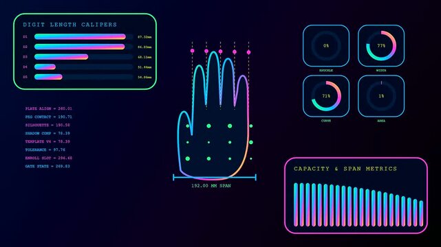 a colorful digital biometric verification interface featuring holographic hand scanning modules with data analysis gauges and glowing charts captured in a futuristic dark glowing style