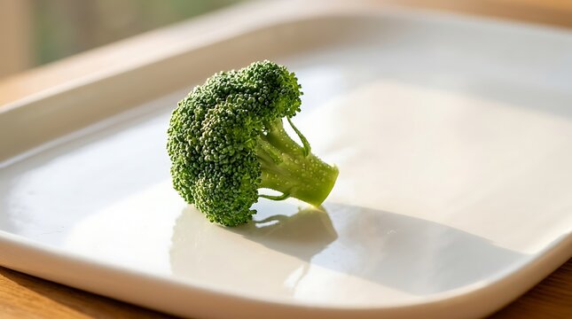 Fresh Green Broccoli Floret on White Plate in Bright Kitchen