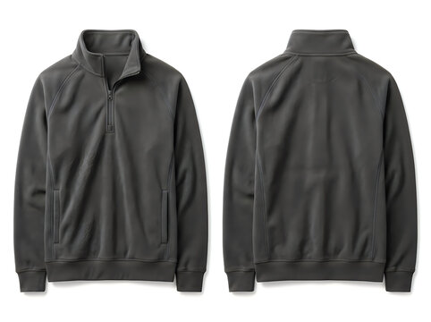 Black half zip fleece jacket front and back view isolated on white background