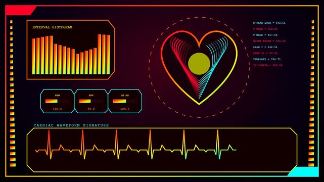 Digital biometric verification screens display fluctuating heart rate data with vibrant color pulses across a darkened interface as the rhythmic cardiac waveform signature monitors patient vitality