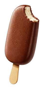 PNG Chocolate ice cream bar with bite on wooden stick.