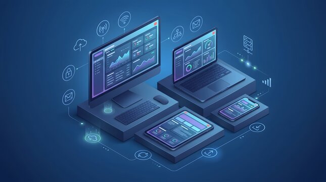 Isometric Cross Platform Enterprise Software Dashboard Connecting Cloud Systems Across Multiple Devices