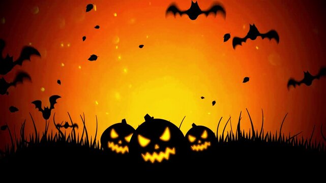 Glowing pumpkins in a silhouette field with flying bats under an orange sky.