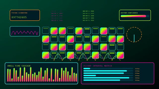 Biometric verification interface displaying dynamic data visualizations showing rhythmic patterns of user input patterns with glowing colorful bars and grid elements on a dark digital monitor