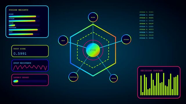 Three screen display of biometric verification shows pulsing data flow and geometric charts glowing with vibrant neon colors across a dark digital interface monitor screen panel