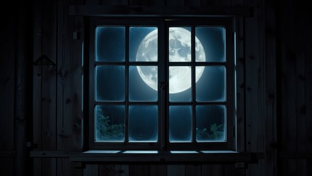 Bright full moon shining through a classic wooden house window with dark night sky and clouds, creating a serene nocturnal scene for astronomy or nighttime ambiance concepts