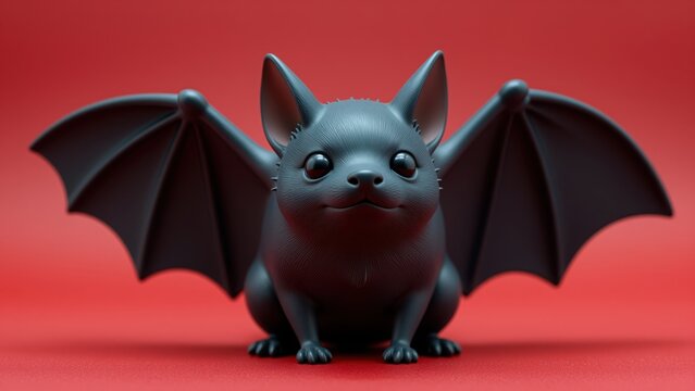 Cute black cartoon bat figurine with large ears and spread wings, sitting on a vibrant red background, ideal for Halloween or spooky themed decorations, collectibles, or kids' toys