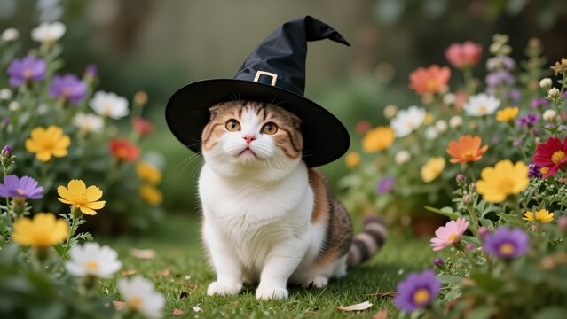 Adorable cat wearing a witch hat sitting amidst colorful flowers in a garden, cute and playful scene perfect for Halloween or autumn themed content