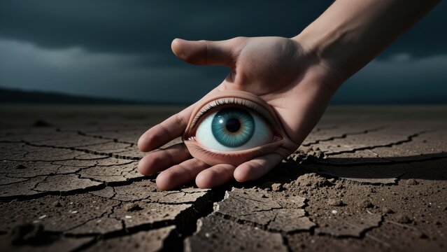 Surreal image of a human hand holding a realistic blue eye on barren cracked earth with dark stormy sky, concept of environmental and mental health awareness