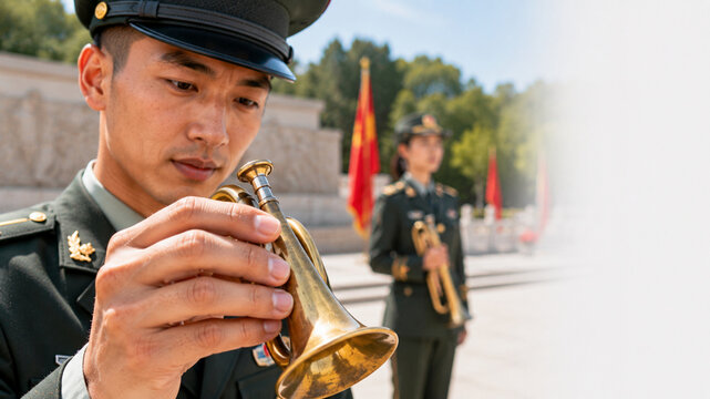 Close-up man holding a brass bugle valve, woman blurred nearby