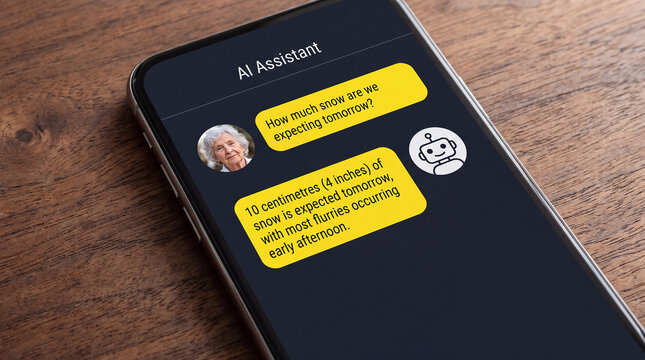 Close-up of smartphone on wooden table showing AI chatbot on dark background with elderly woman asking about snow and robot providing weather forecast