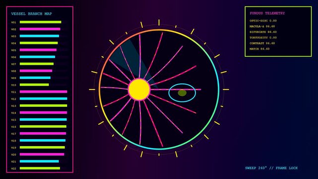 A digital biometric verification system displays complex retinal scanning data visualizations on a dark interface featuring glowing circular diagrams and linear status bars for medical analysis