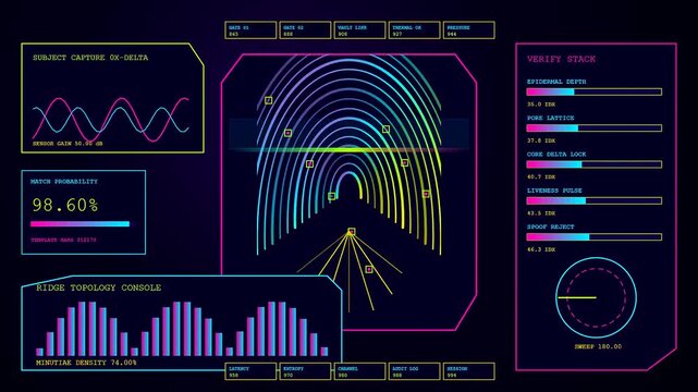 a biometric verification sequence displayed on multiple glowing interface panels showing digital scanning waves and data graphs indicating identity authentication status across a dark virtual monitor