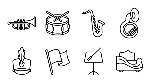 Marching Band and Musical Instruments Icon Set Featuring Trumpet Snare Drum Saxophone Tuba Shako Hat Color Guard Flag and Music Stand Outline Vectors