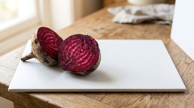 Fresh Red Beetroot Halves on White Plate in Natural Light