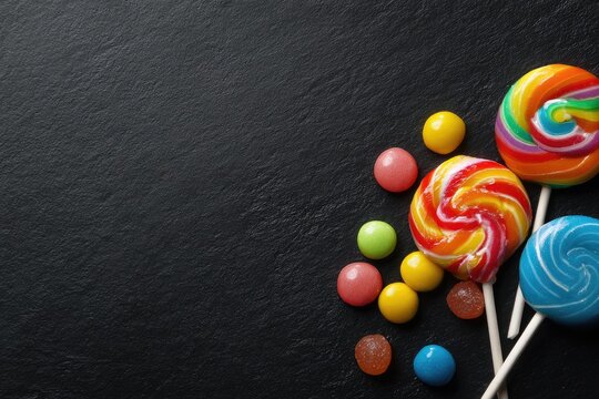 Vibrant lollipops & assorted gumdrops spread on dark textured surface, top right corner