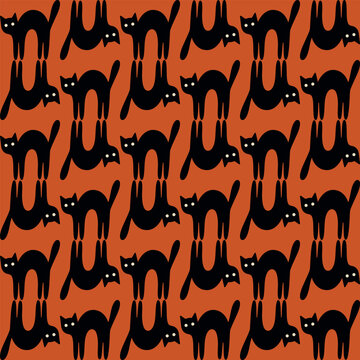 Funny black cat seamless pattern on orange background square template