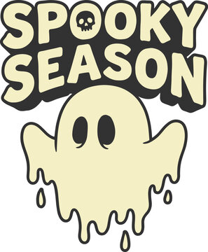 Cute melting ghost character with retro spooky season typography, Halloween graphic element for t-shirt design and apparel prints