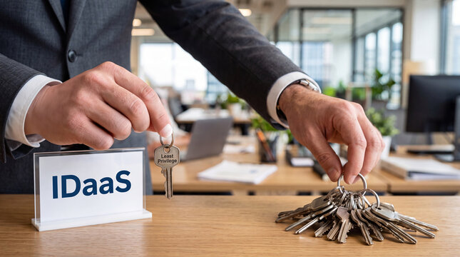 Business professional holding least privilege key for access control.