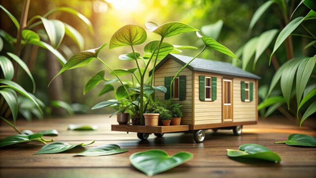 A tiny house on wheels nestles beside a lush verdant money plant with leaves unfurling like emerald wings