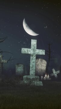 Spooky graveyard under dark night sky with fantastic large half moon and Grim Reaper with scythe among old stone headstones and grave crosses. No people vertical 3D animation for eerie Halloween mood.