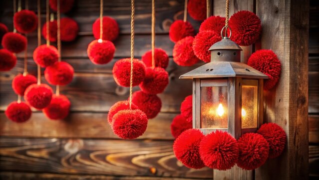 A bright red pom pom dangles elegantly from a rustic wooden lantern